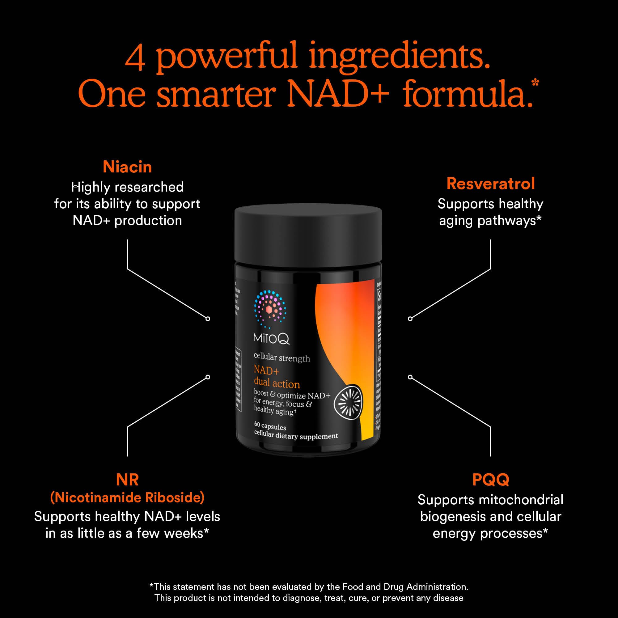 MitoQ NAD+ Dual Action label detail with dosage and vegan claim.