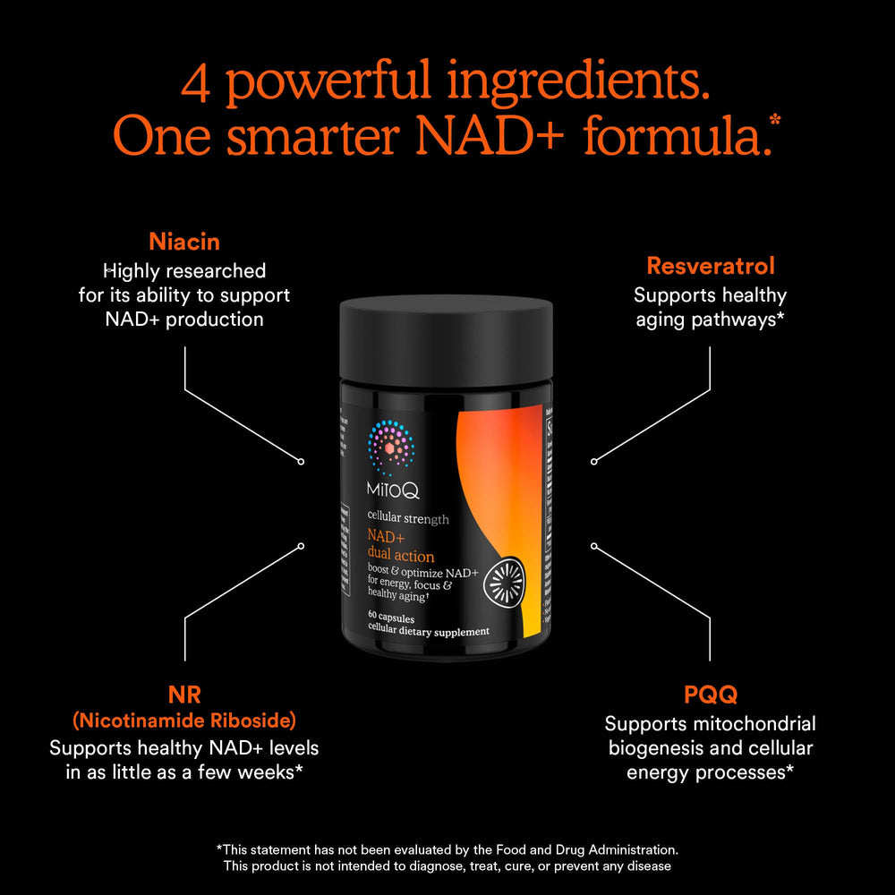 MitoQ NAD+ Dual Action label detail with dosage and vegan claim.
