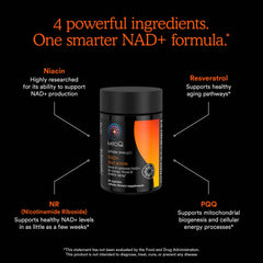 MitoQ NAD+ Dual Action label detail with dosage and vegan claim.