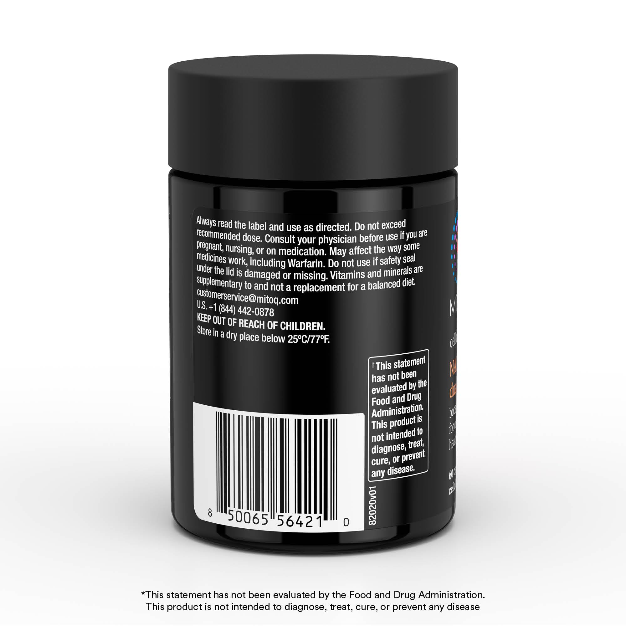 MitoQ NAD+ Dual Action packaging highlights NR and niacinamide ingredients.