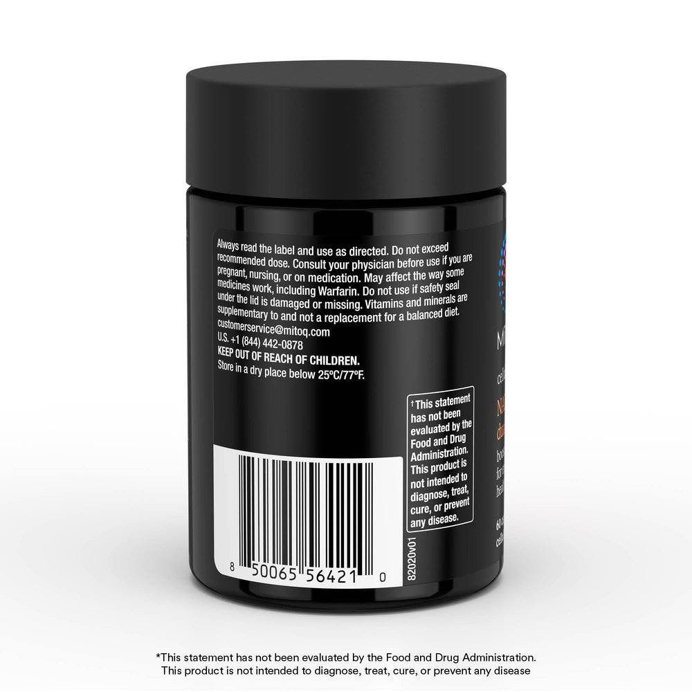 MitoQ NAD+ Dual Action packaging highlights NR and niacinamide ingredients.