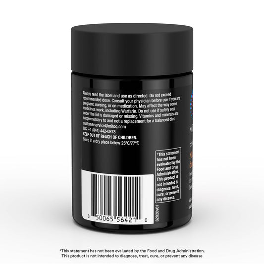 MitoQ NAD+ Dual Action packaging highlights NR and niacinamide ingredients.