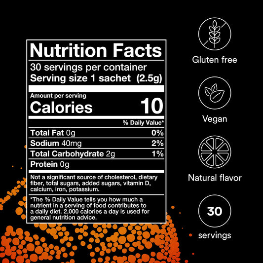 MitoQ orange powder dissolving in water for a refreshing drink.