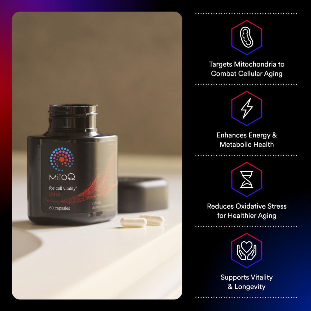 MitoQ Pure bottle label on shelf signals trusted, doctor-backed aging and vitality support.