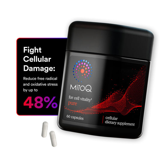 MitoQ Pure bottle on shelf highlighting mitochondrial support for healthy aging.