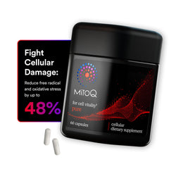 MitoQ Pure bottle on shelf highlighting mitochondrial support for healthy aging.