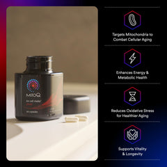MitoQ Pure capsules closeup suitable for daily energy and metabolism support.