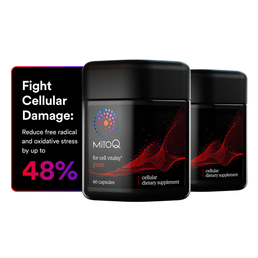 MitoQ Pure capsules close-up showing mitochondria-targeted antioxidant support for cellular energy.