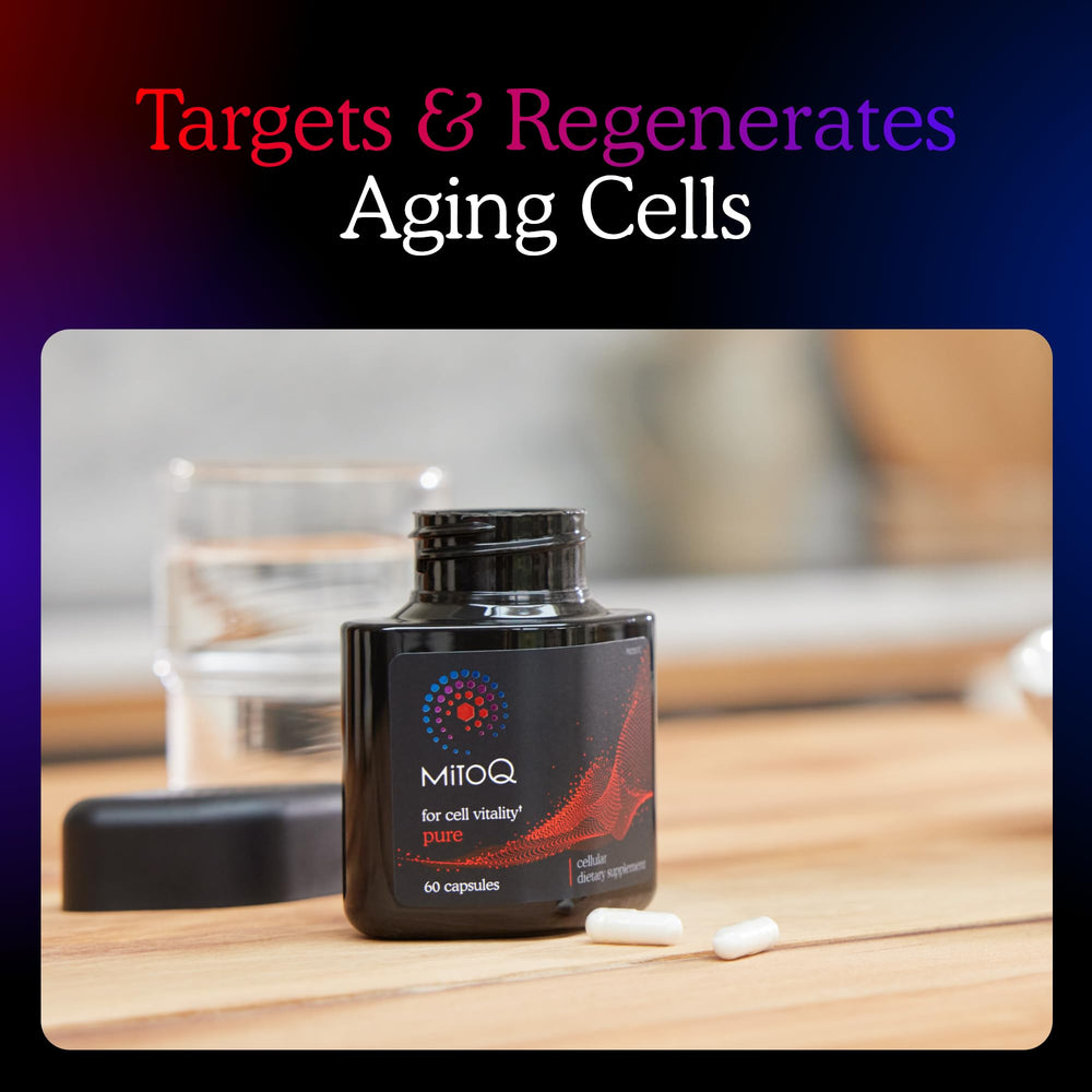 MitoQ Pure capsules closeup highlighting antioxidants for cellular health.