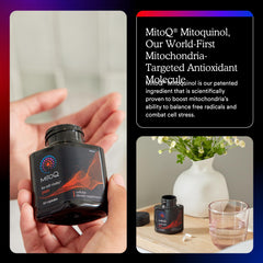 MitoQ Pure box and glass of water suggesting easy daily intake.