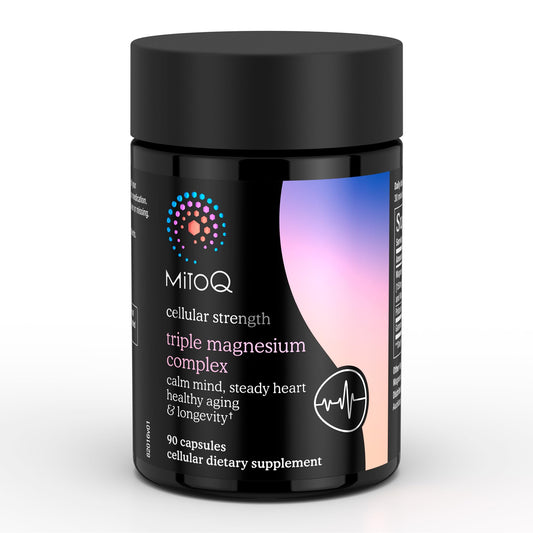 MitoQ Triple Magnesium capsules closeup highlights capsules and dosage for daily stress support.