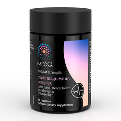 MitoQ Triple Magnesium capsules closeup highlights capsules and dosage for daily stress support.