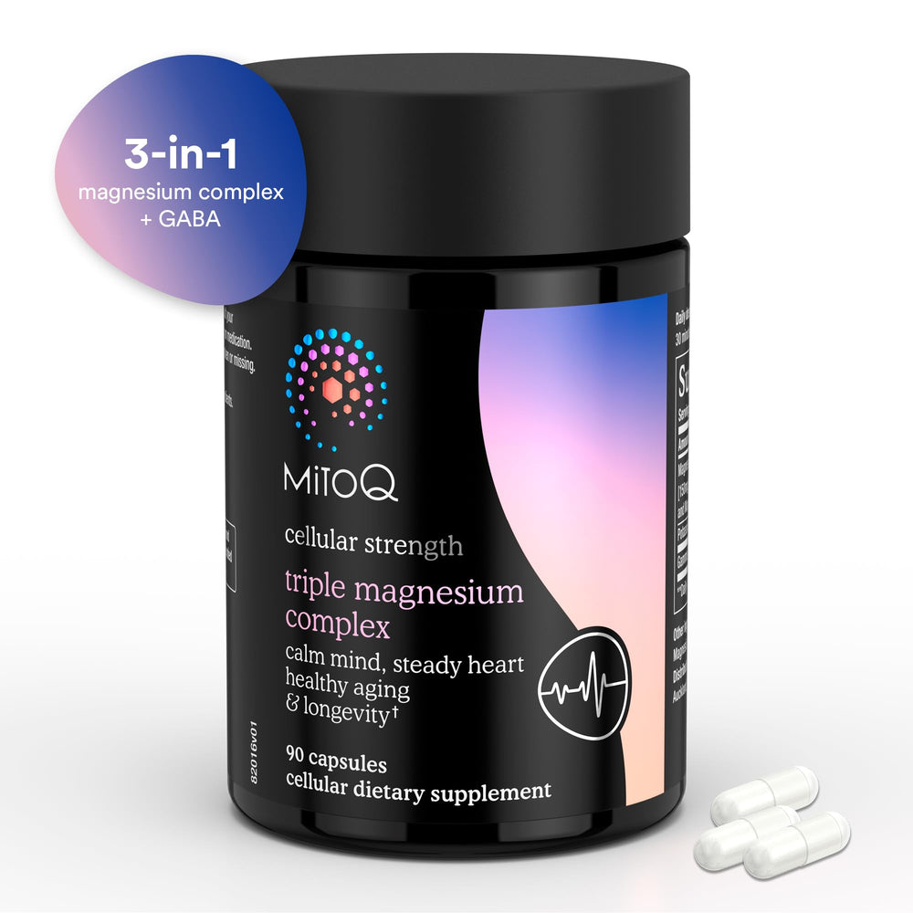 MitoQ Triple Magnesium heart rhythm illustration implies cardiovascular support.