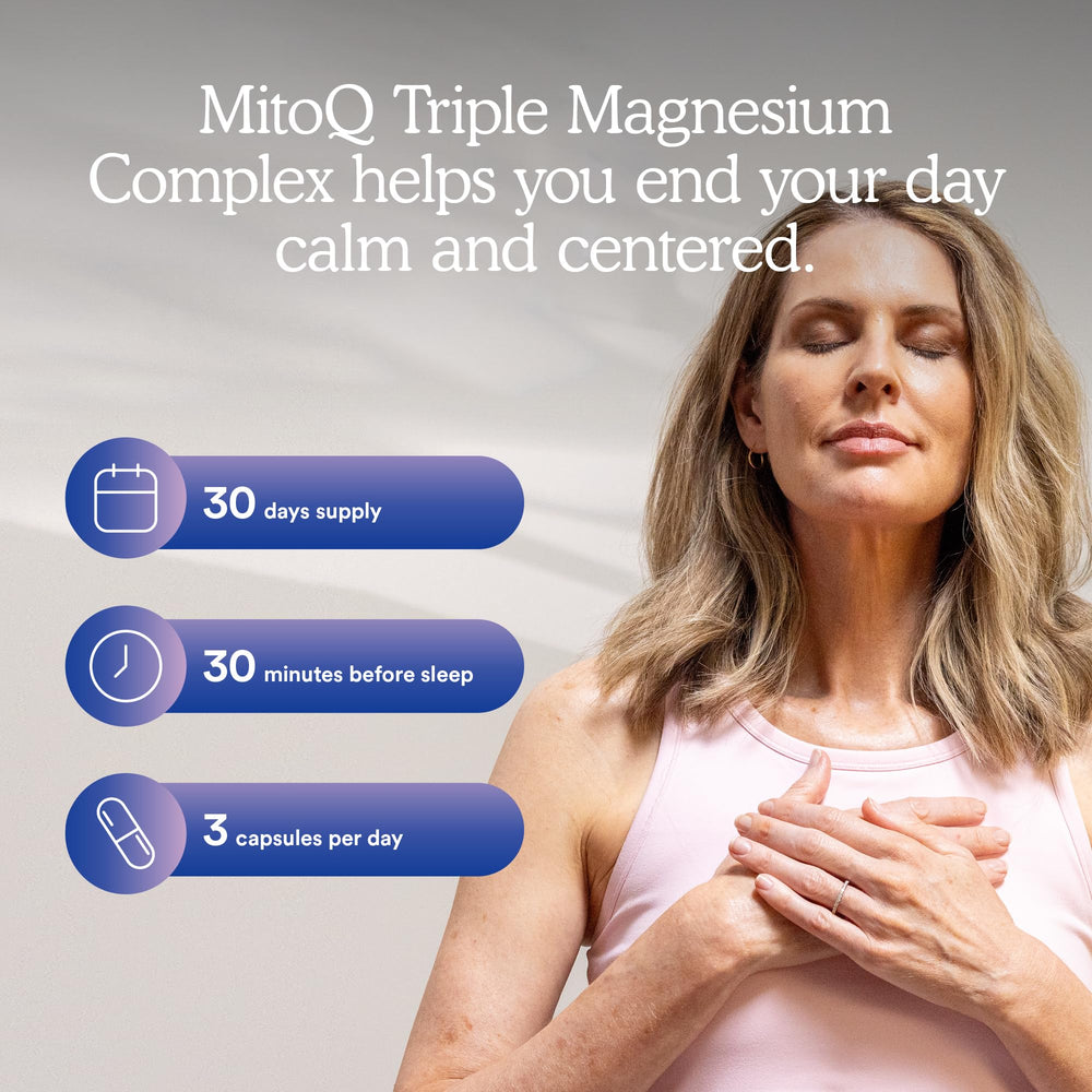 MitoQ Triple Magnesium stress balance graphic highlights cortisol support potential.