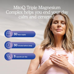 MitoQ Triple Magnesium stress balance graphic highlights cortisol support potential.