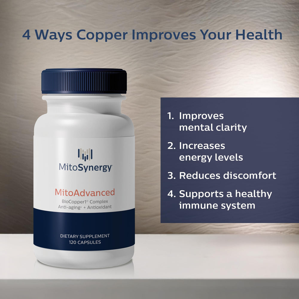 MitoSynergy BioCopper1 bottle front highlighting 120 count for mitochondrial energy support