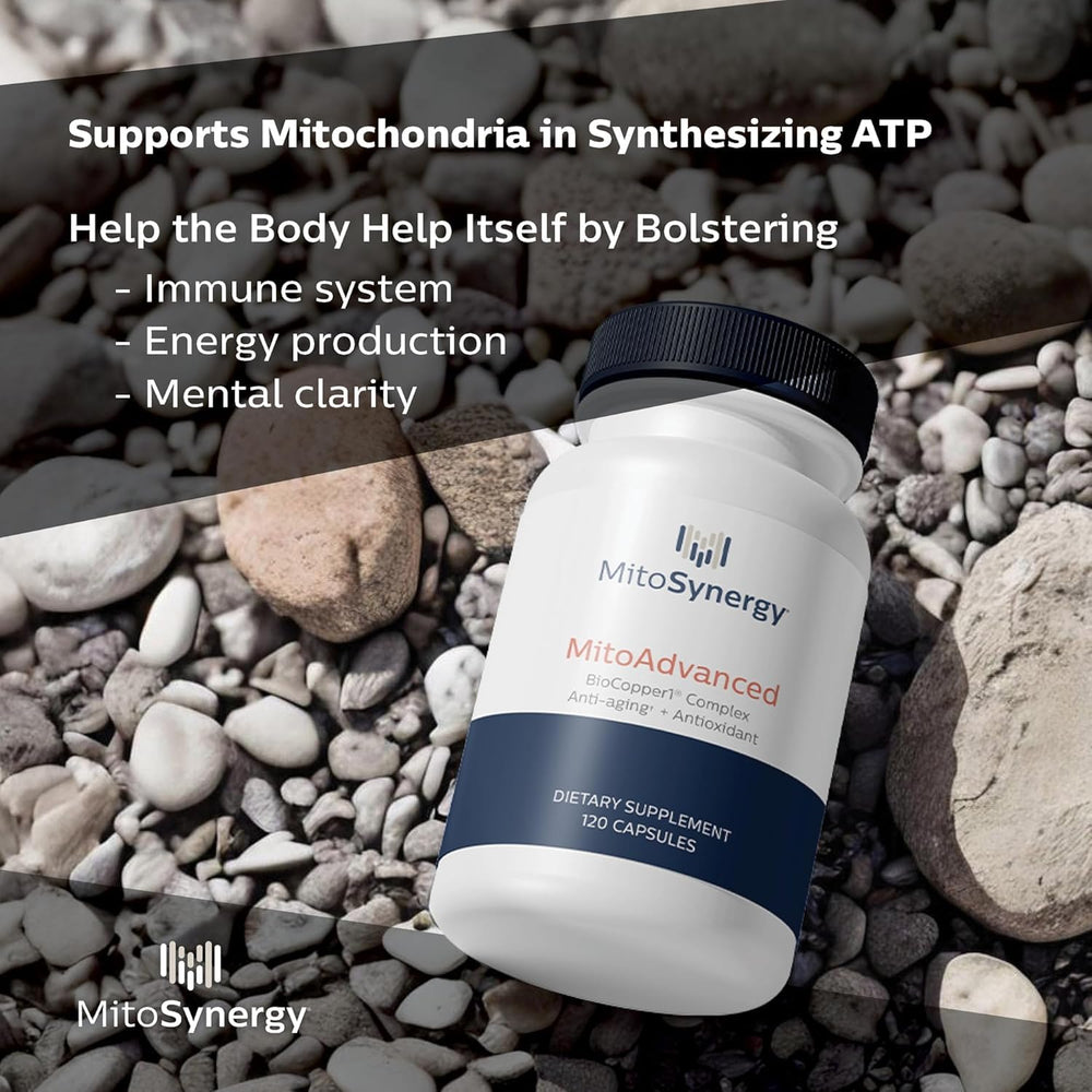 MitoSynergy BioCopper1 ingredients panel featuring copper along with CoQ10 and B vitamins