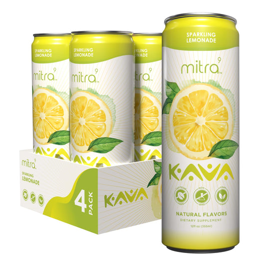 Mitra9 Lemonade Kava Seltzer can on table showing refreshing citrus flavor and calm mood benefits