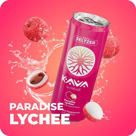 Mitra9 Paradise Lychee Kava Seltzer bottle with ice, unwinding