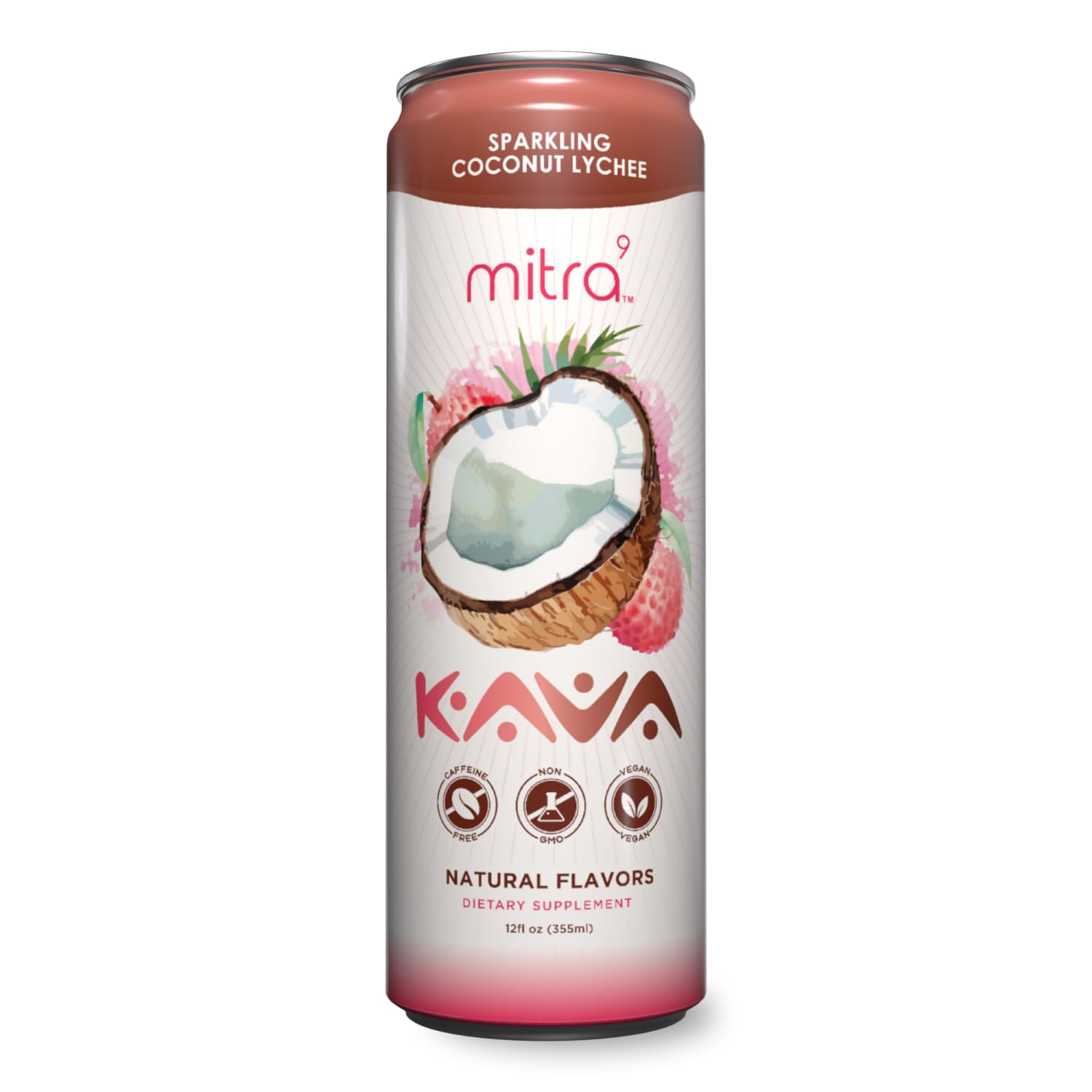 Mitra9 Paradise Lychee Kava Seltzer can in hand, tropical calm cue