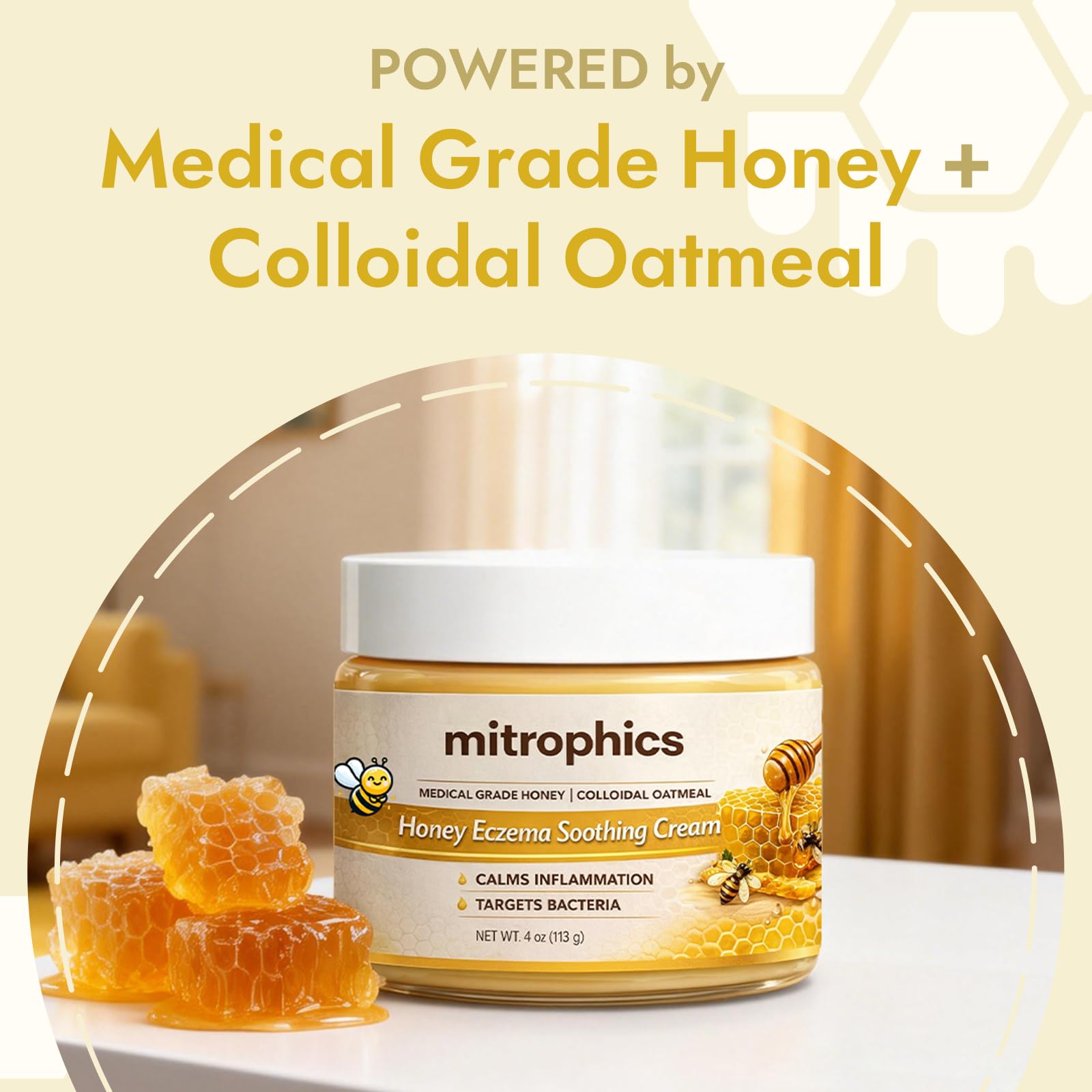Mitrophics Honey Eczema Cream on baby cheeks illustrating safe daily use.