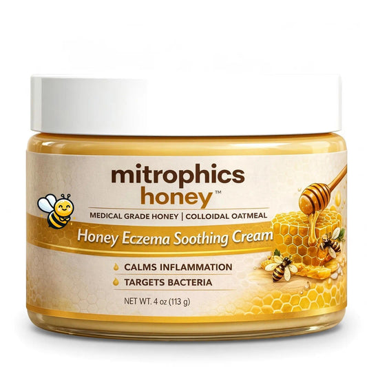 Mitrophics Honey Eczema Cream jar closeup shows soothing texture for sensitive skin and daily relief.
