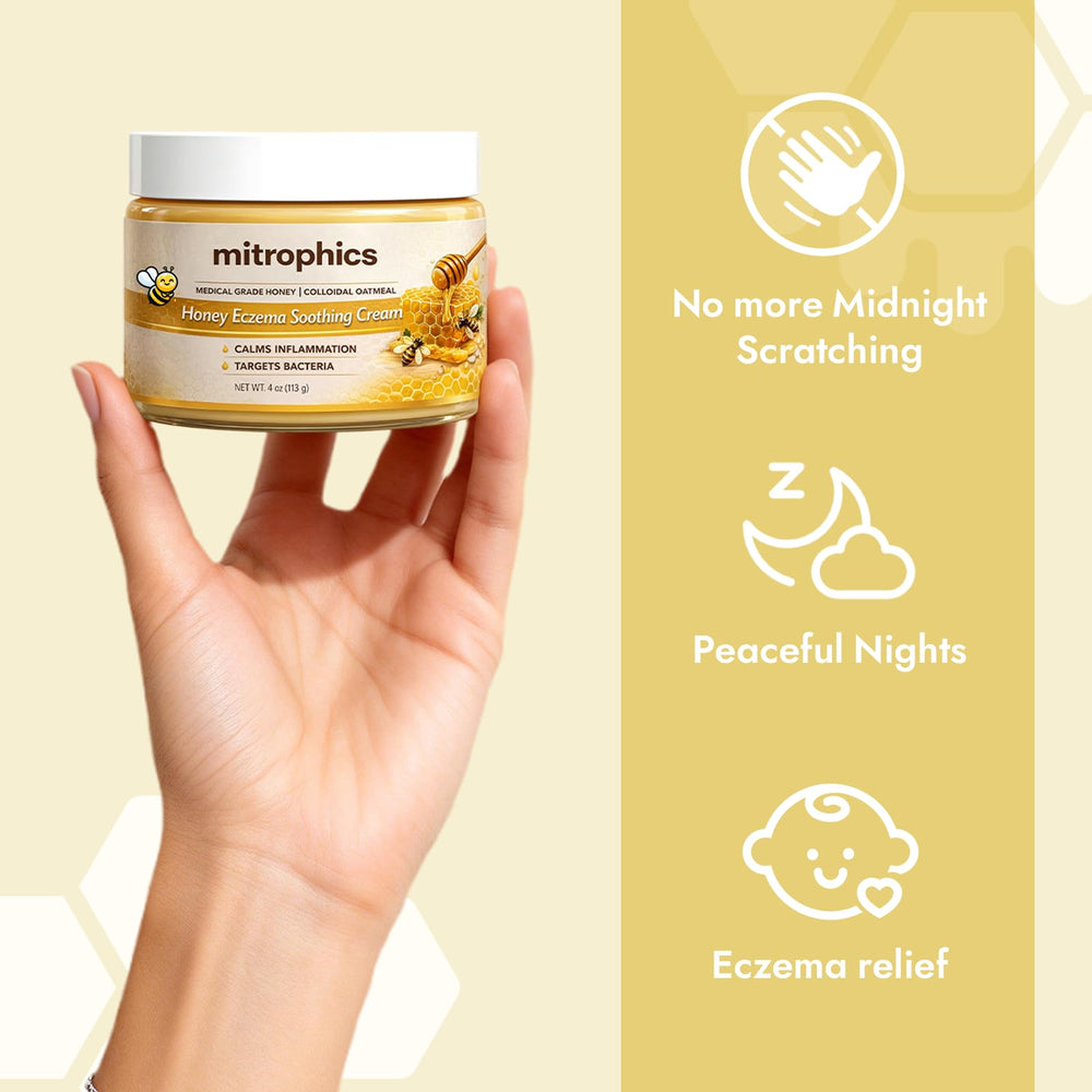 Mitrophics Honey Eczema Cream on neck folds demonstrates soothing relief for sensitive skin.