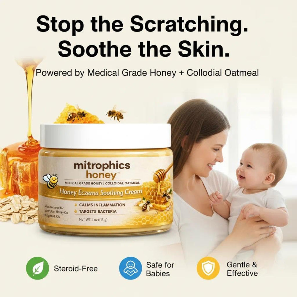 Mitrophics Honey Eczema Cream packaging highlights steroid-free, gentle care for babies and kids.