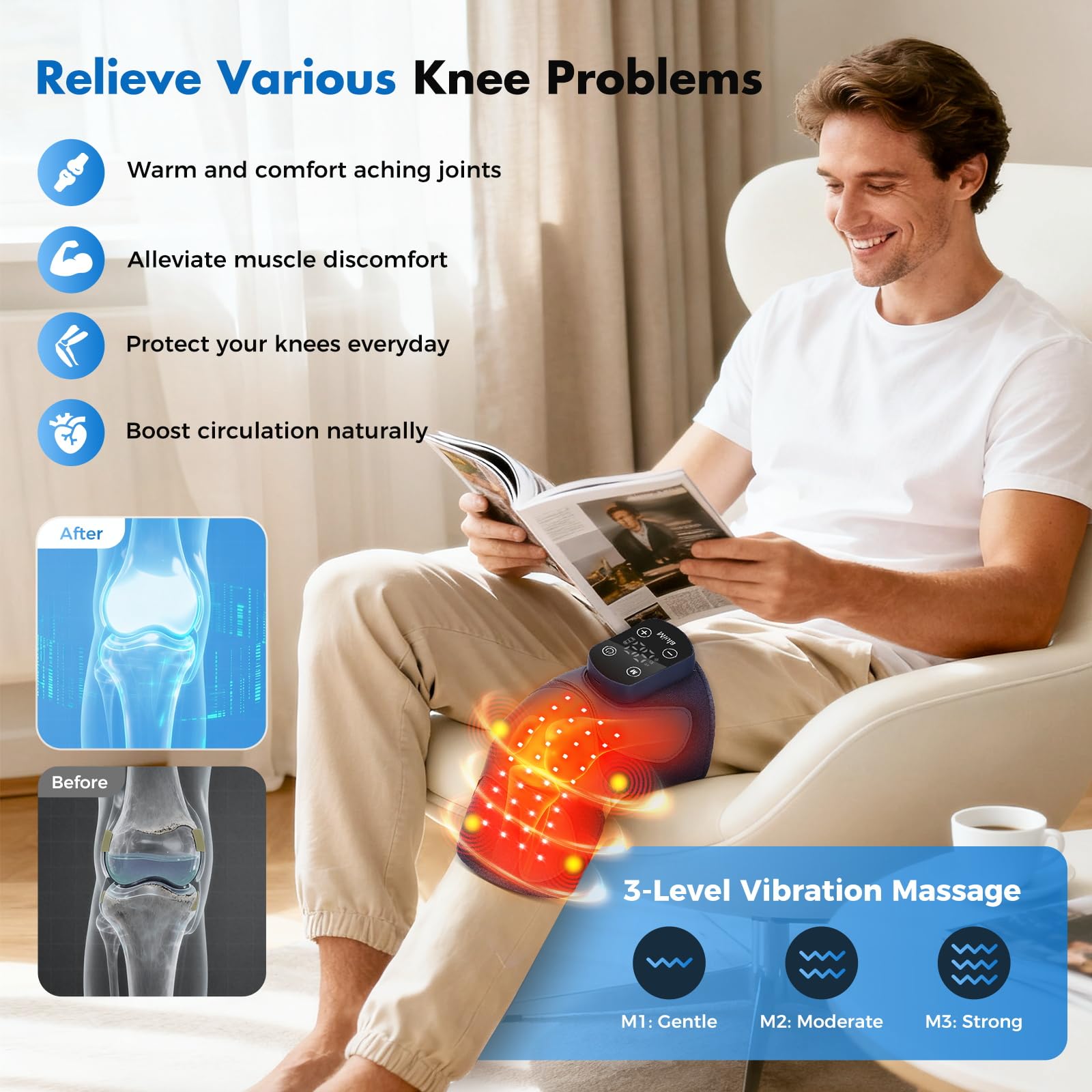 Miula knee brace control panel touchscreen for easy operation during therapy.