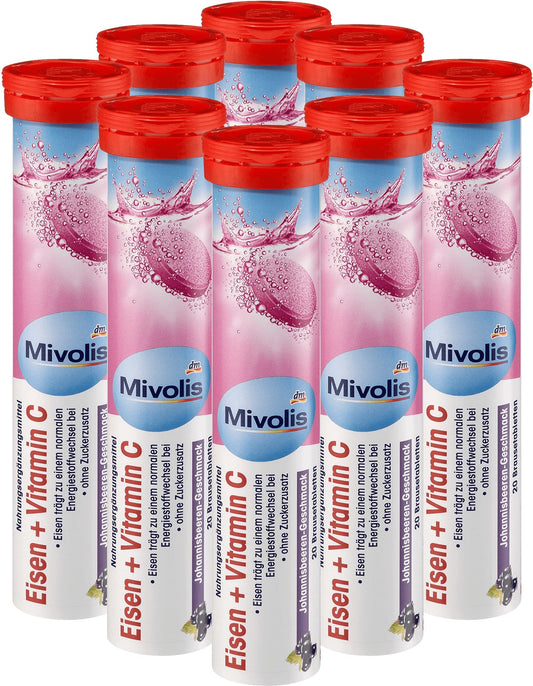 Mivolis iron + vitamin C tablets in bottle front, convenient daily supplement
