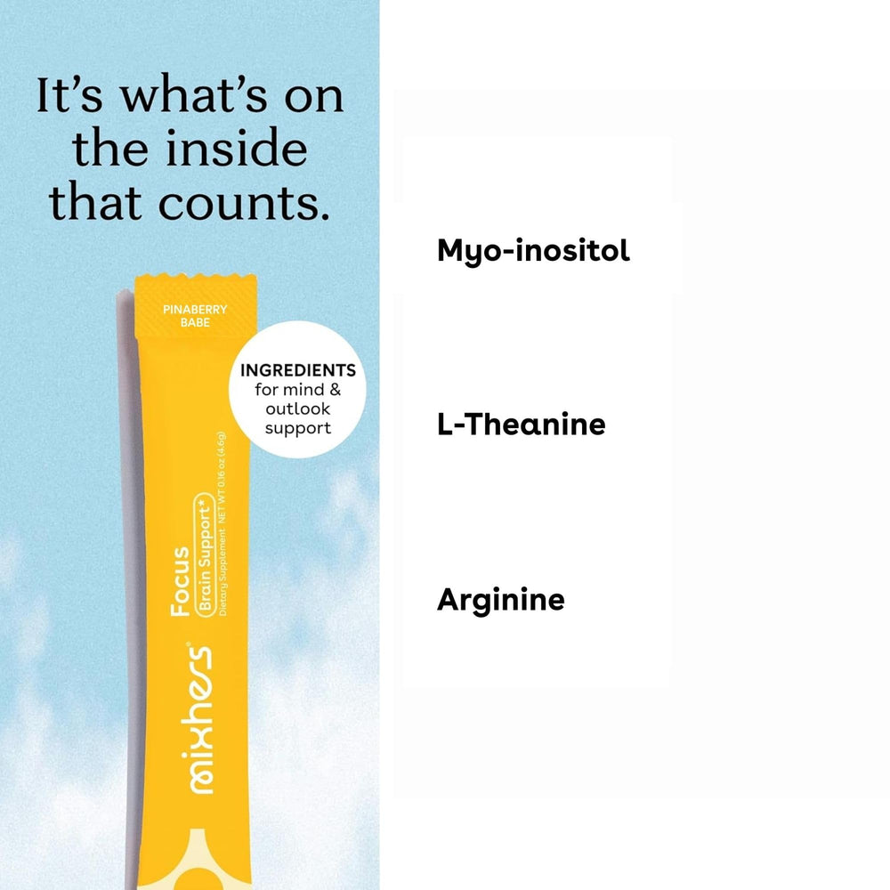 Mixhers Focus hydration mix being stirred in water highlights refreshing focus.