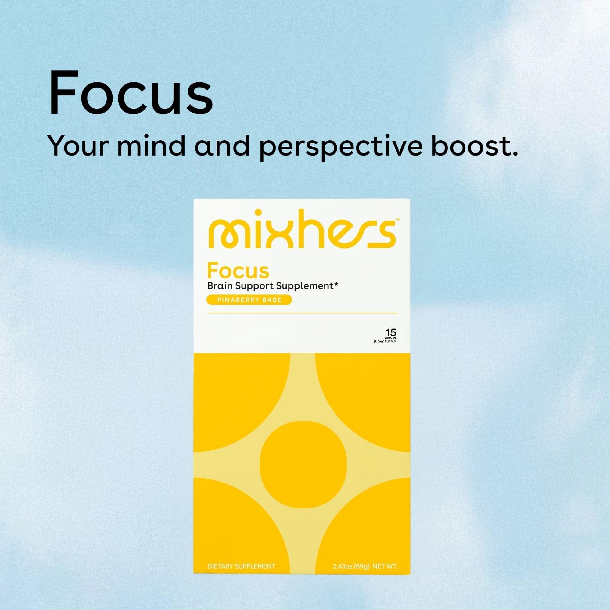 Mixhers Focus ingredients reveal natural, caffeine-free blend for steady focus.