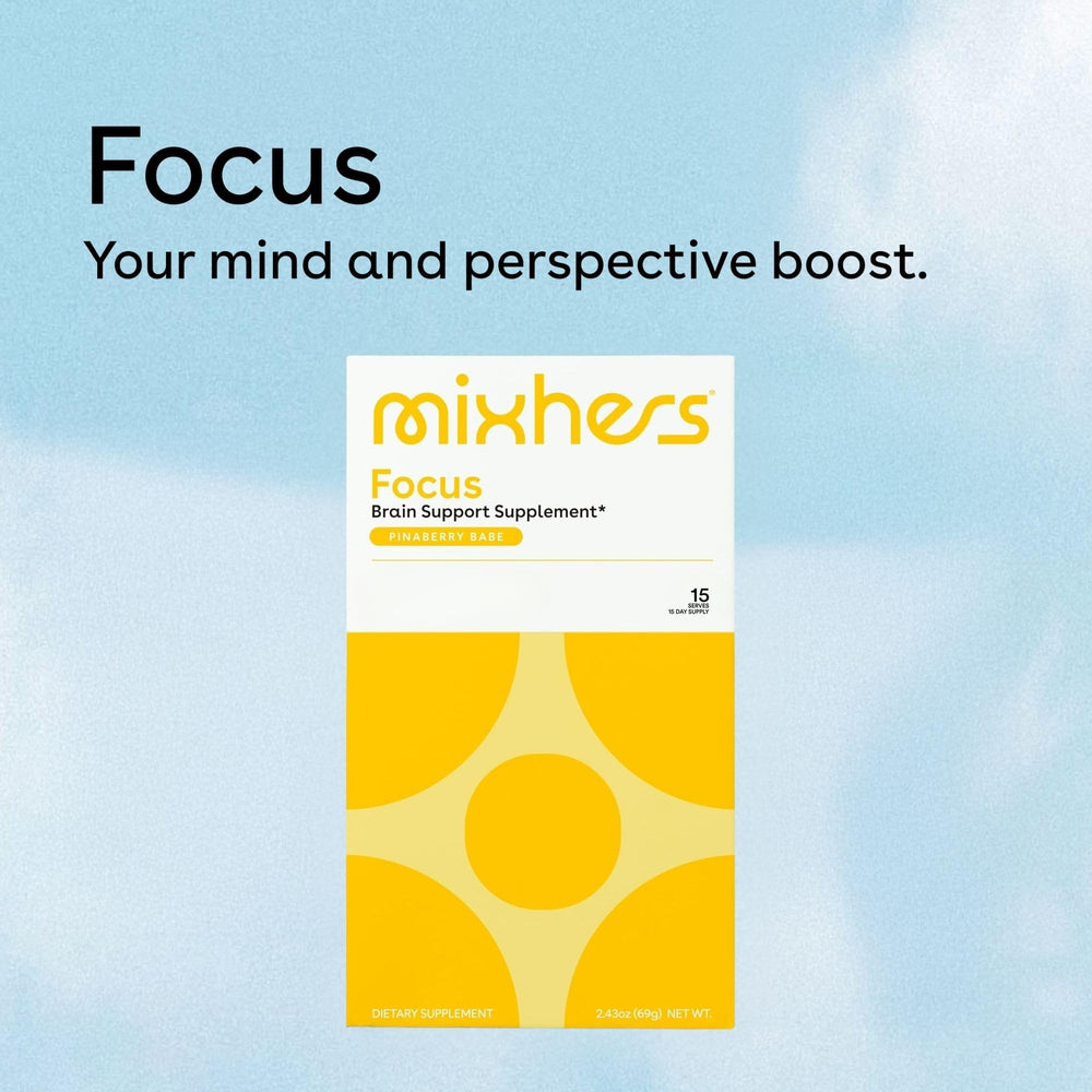Mixhers Focus ingredients reveal natural, caffeine-free blend for steady focus.