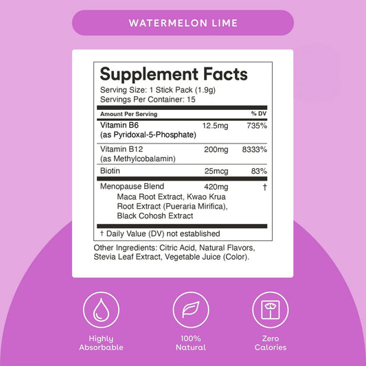 Mixhers Menopause maca-root ingredient sachet boosts natural energy and mood support.