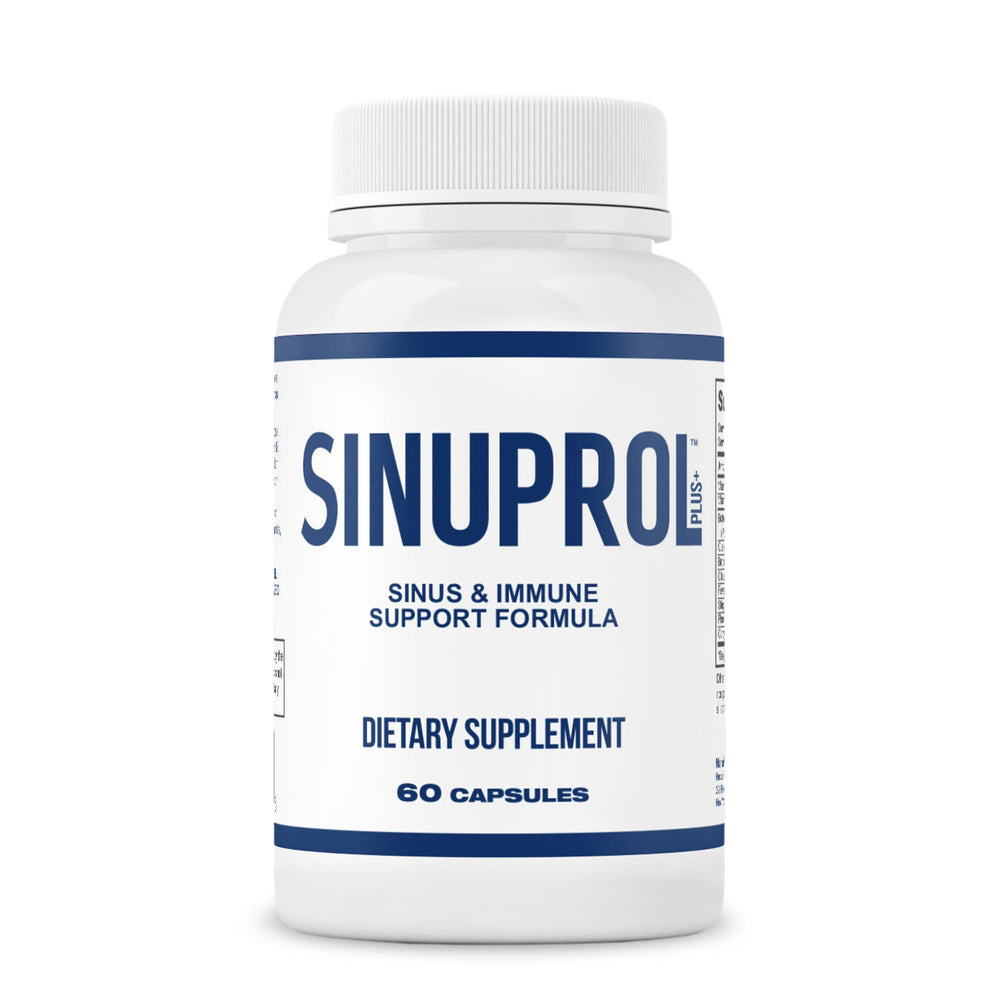 Mizzle SinuProl bottle on table suggesting daily non-drowsy sinus support.