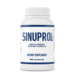 Mizzle SinuProl bottle on table suggesting daily non-drowsy sinus support.