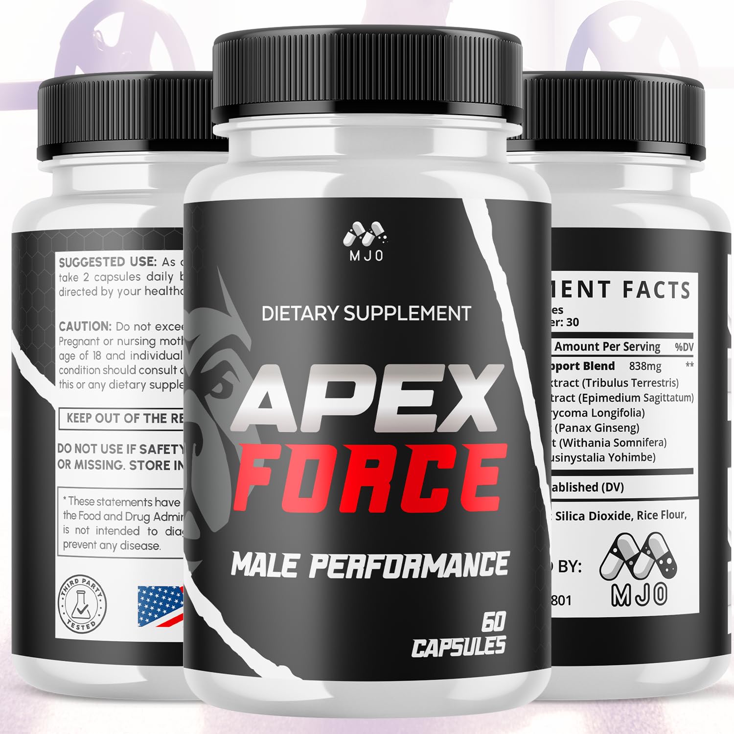MJO Apex Force capsules closeup highlighting natural ingredients for vitality.