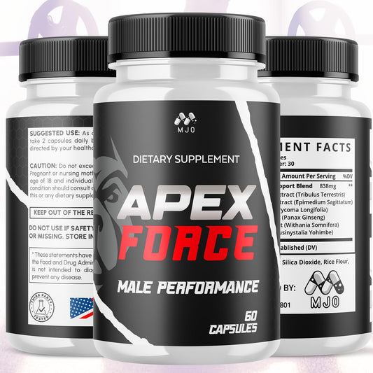 MJO Apex Force capsules closeup highlighting natural ingredients for vitality.