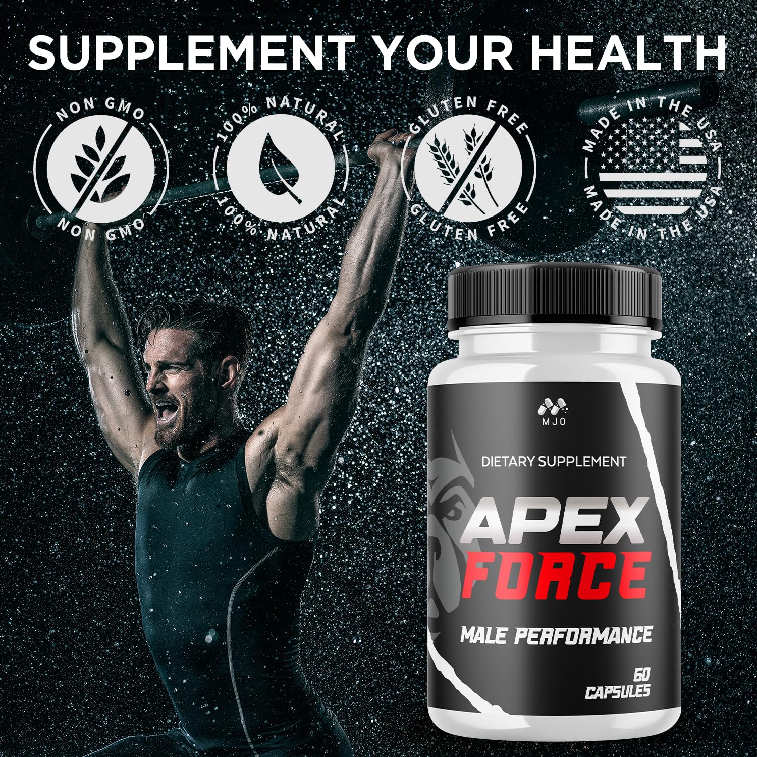 MJO Apex Force natural ingredients montage underscoring clean formulation.
