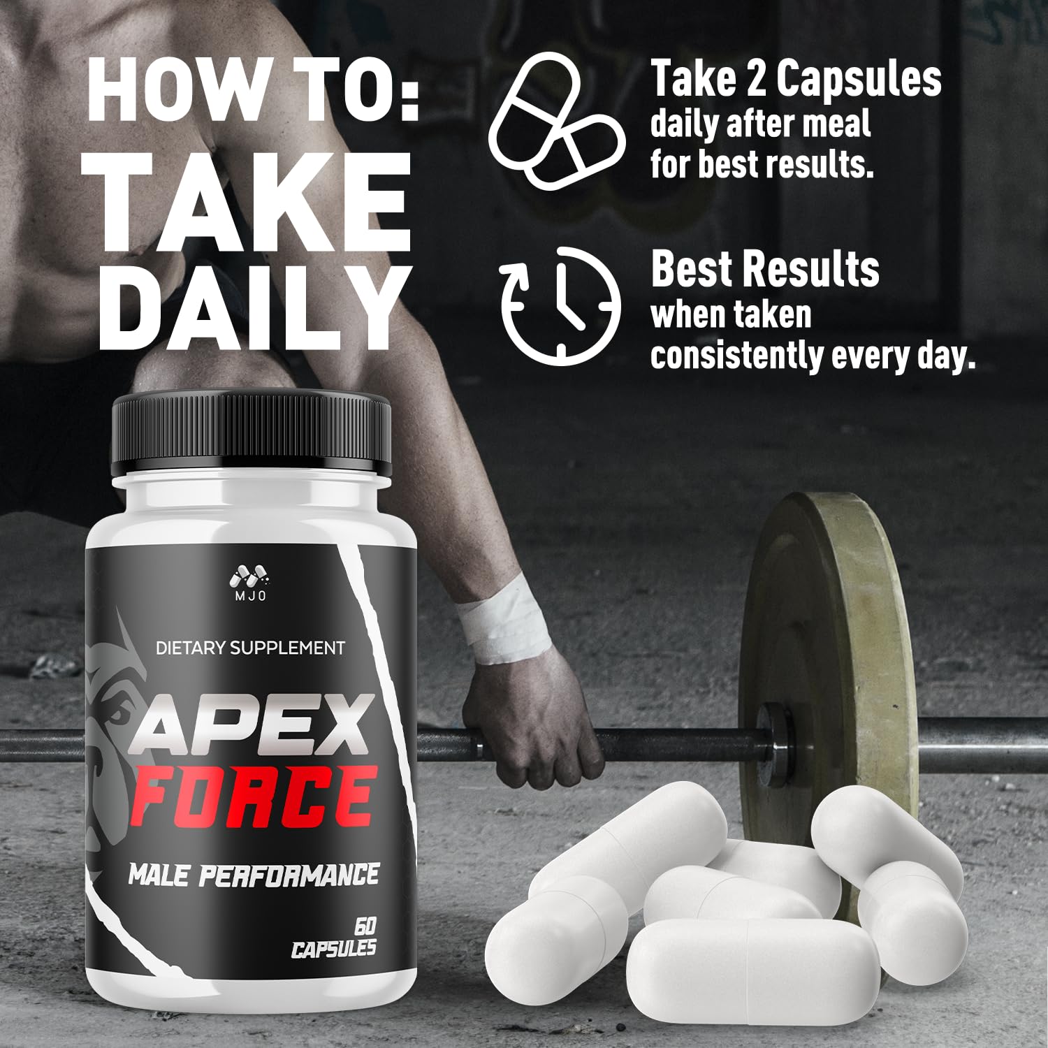 MJO Apex Force serving pack emphasizes consistent monthly supply.