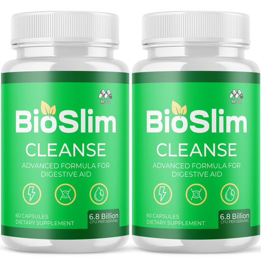 MJO Bioslim Cleanse bottle front shows daily wellness support for an active lifestyle