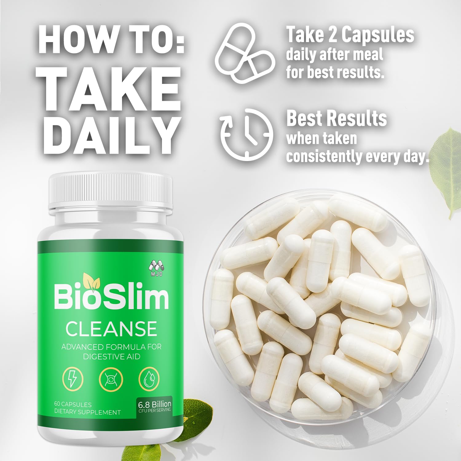 MJO Bioslim Cleanse ingredients graphic emphasizes natural vitamin blends