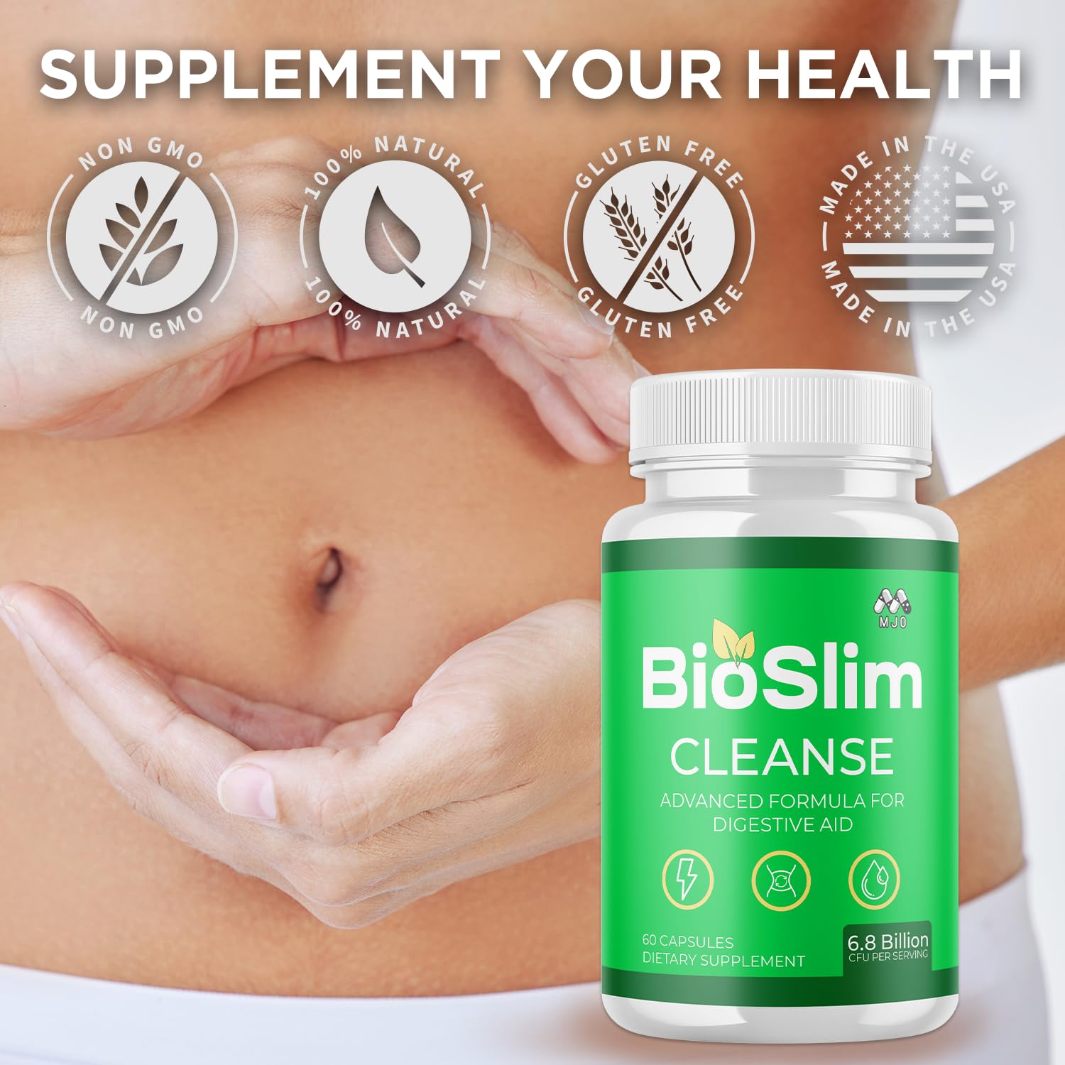 MJO Bioslim Cleanse open pack beside a glass of water.
