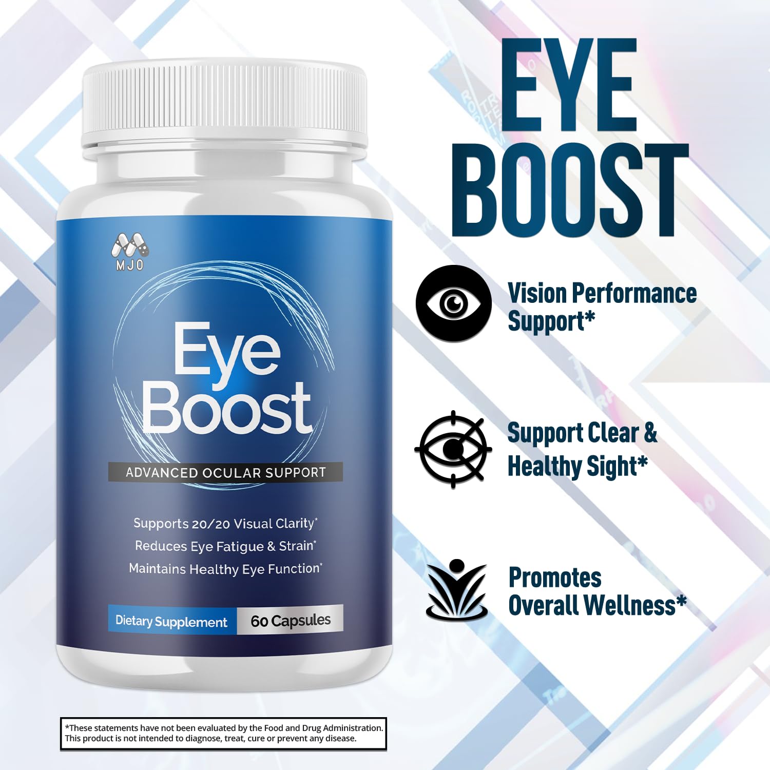 MJO EyeBoost 30-servings-per-bottle graphic signals a full month supply.