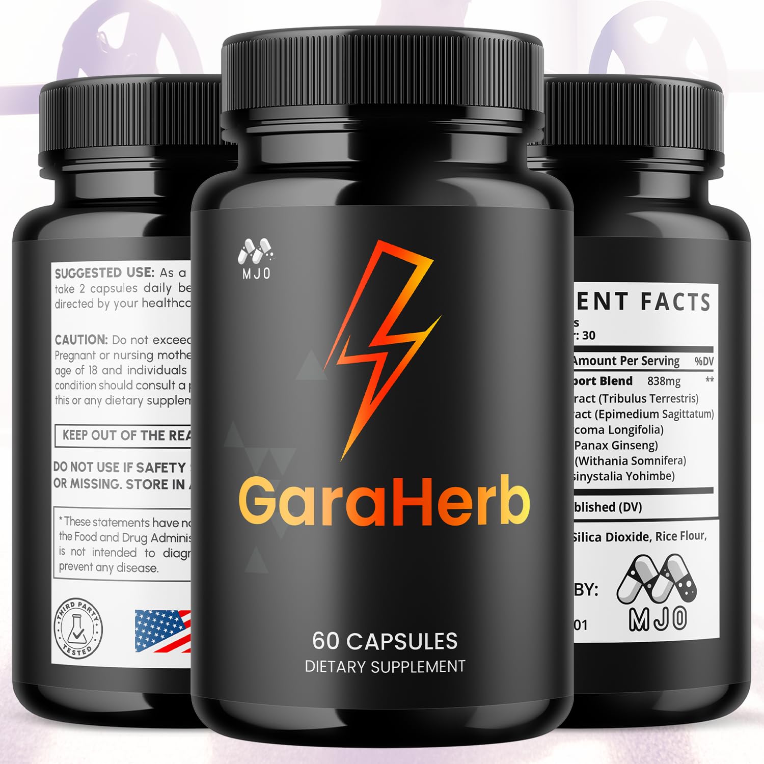 MJO GaraHerb bottle side view highlights convenient daily supplement routine.
