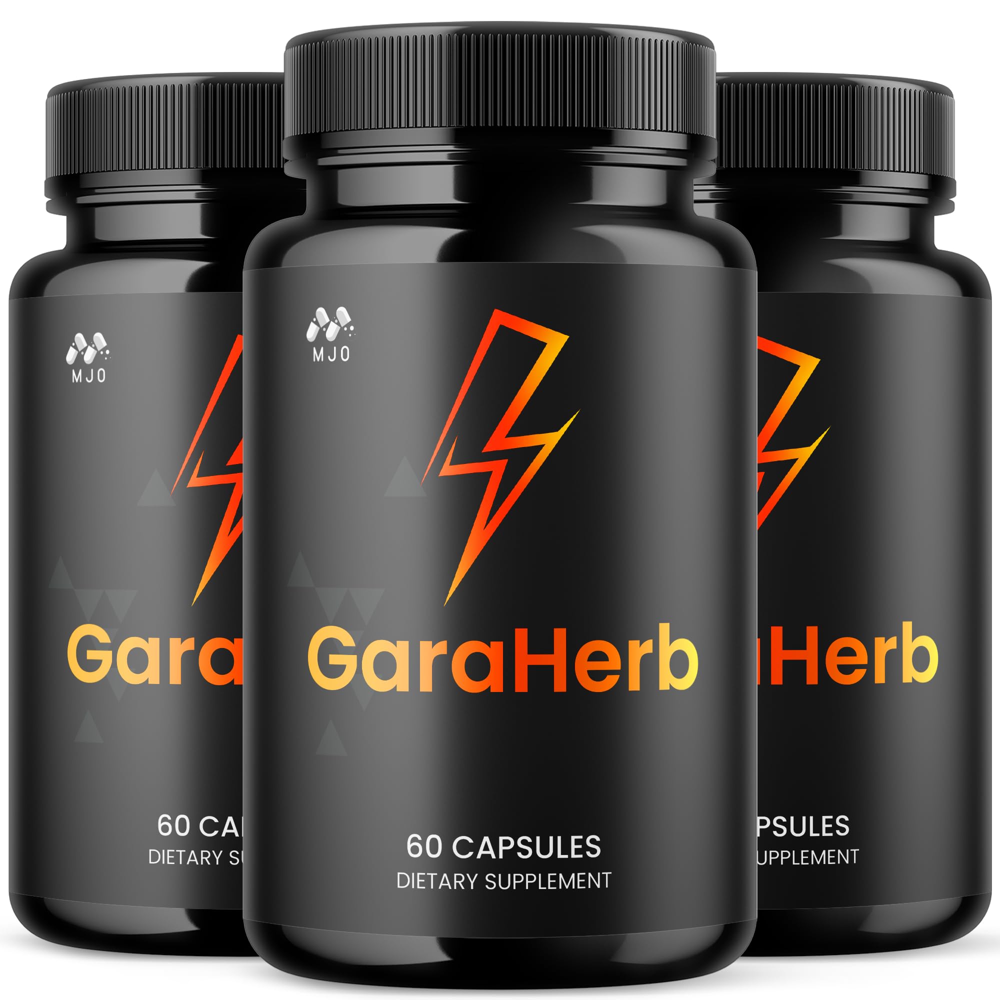 MJO GaraHerb capsules bottle showcases an all-natural wellness formula for daily use.