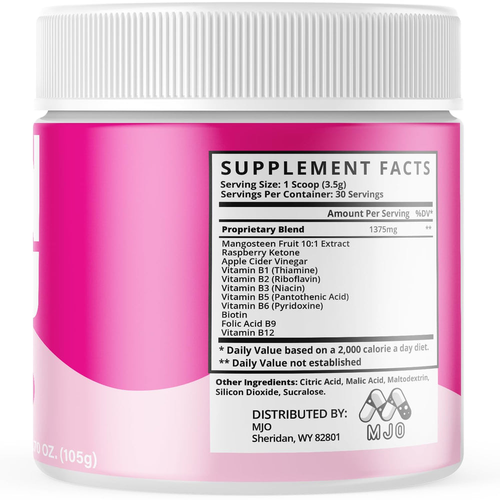 MJO Gelatin Burn Powder ingredients panel featuring all-natural extracts.