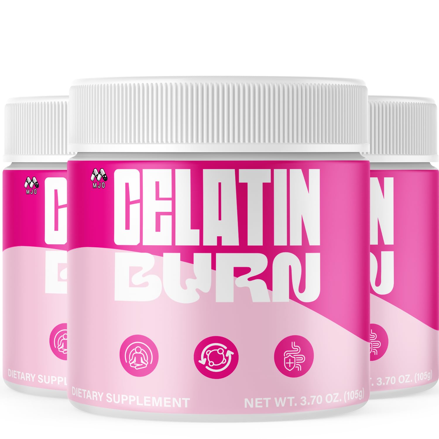 MJO Gelatin Burn Powder bottle in a 3-pack for an active lifestyle.