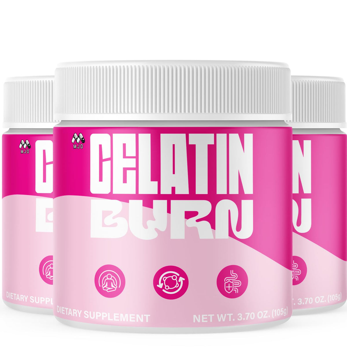 MJO Gelatin Burn Powder bottle in a 3-pack for an active lifestyle.