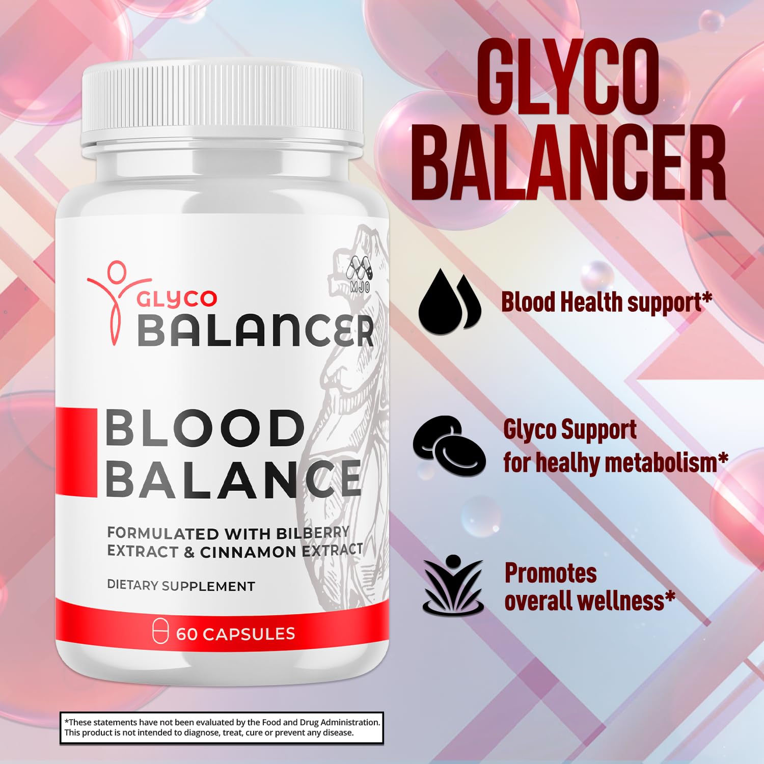 MJO Glyco Balancer bottle back, supplement facts and ingredients.